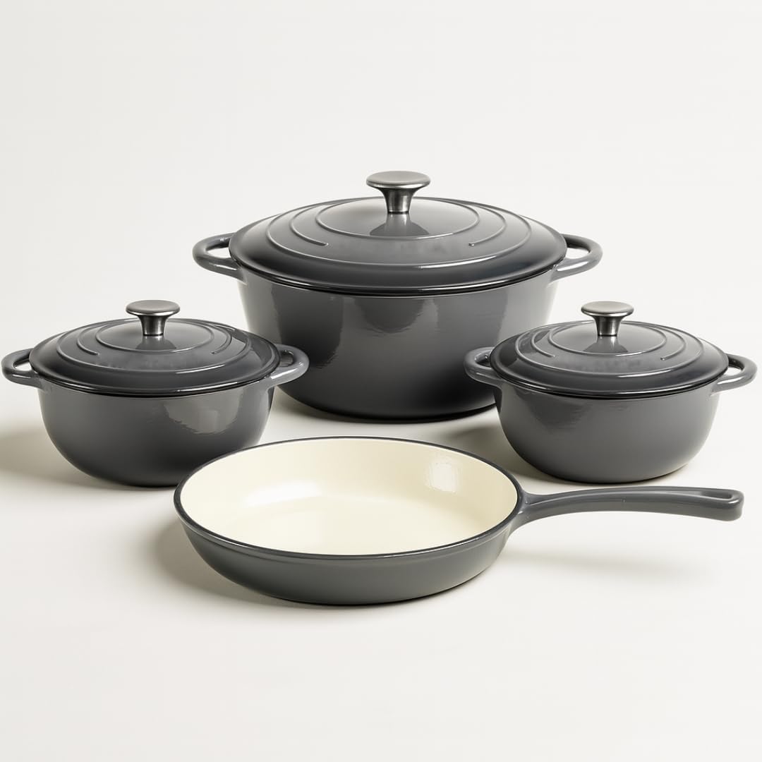 Chef’s Choice 7-Piece Heavy Weight Cast Iron Cookware Set – Enamel Coated Dutch Ovens &amp; Frying Pan with Lids – Oven Safe, Induction Ready, Non-Stick for Gas, Electric &amp; Ceramic (Grey)