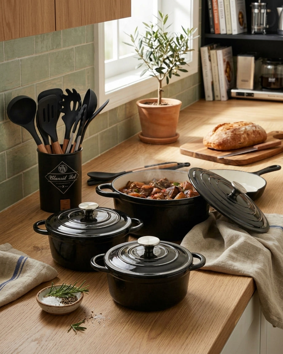 Combo - 7 Pc Cast Iron Pots and 12 Pc Silicon Spoons
