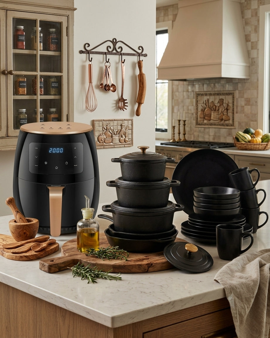 Combo- 6L Airfyer, 7 Pc Cast Iron Post and 16 pc Dinner Set