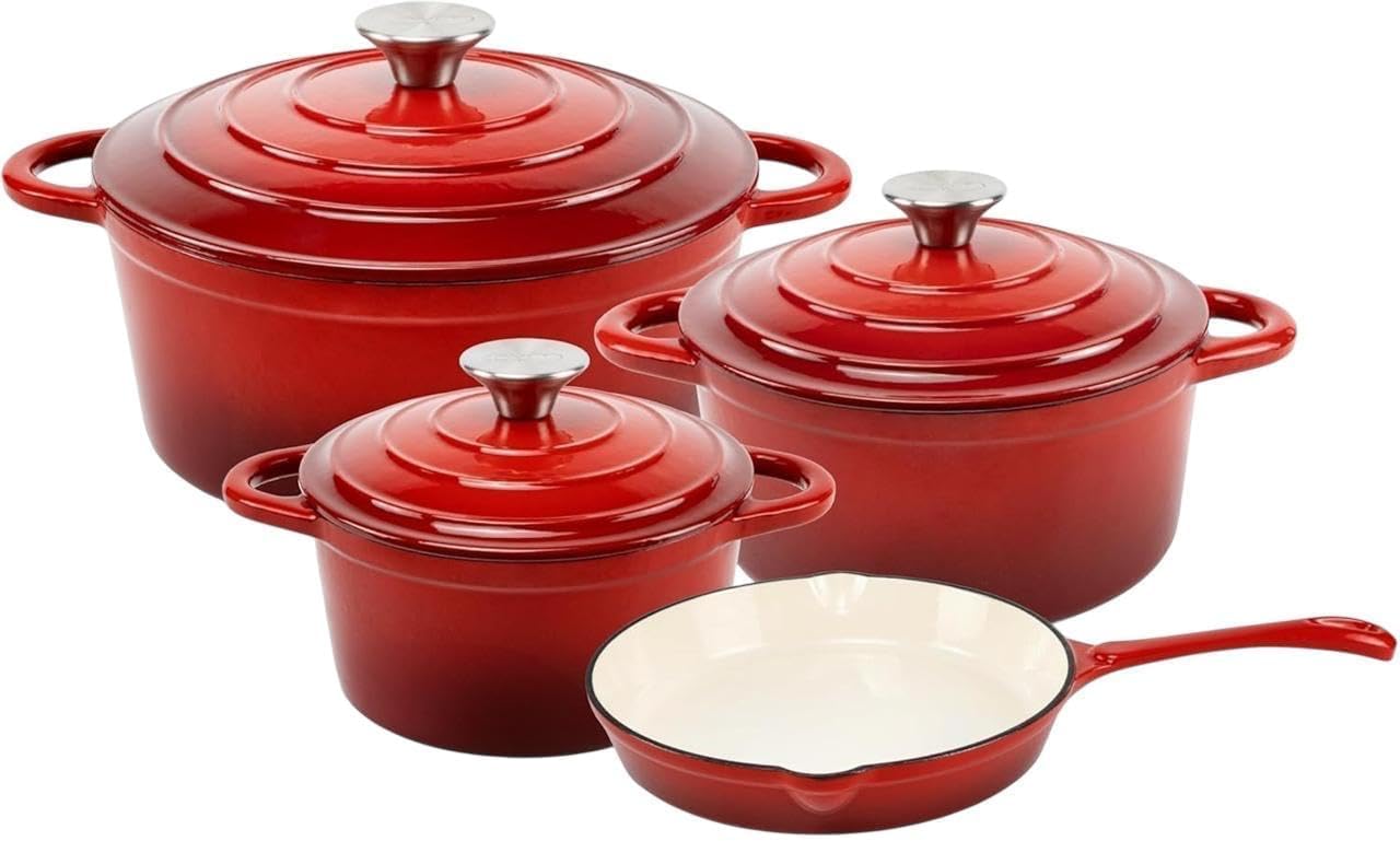 Chefs Choice 7-Piece Cast Iron Cookware Set – Enamel Coated Dutch Ovens and Skillet – Nonstick, Oven Safe Pots and Pans with Lids for Baking, Frying, Roasting, and Slow Cooking (Red)
