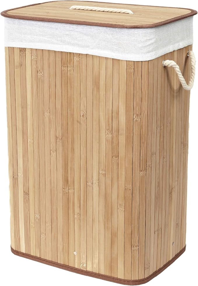 Compactor Bamboo Laundry Basket with Lid, Foldable Washing Hamper for Storing Clothes and Linen in Bedrooms and Bathrooms, Removable Liner and Rope Handles, Natural Brown
