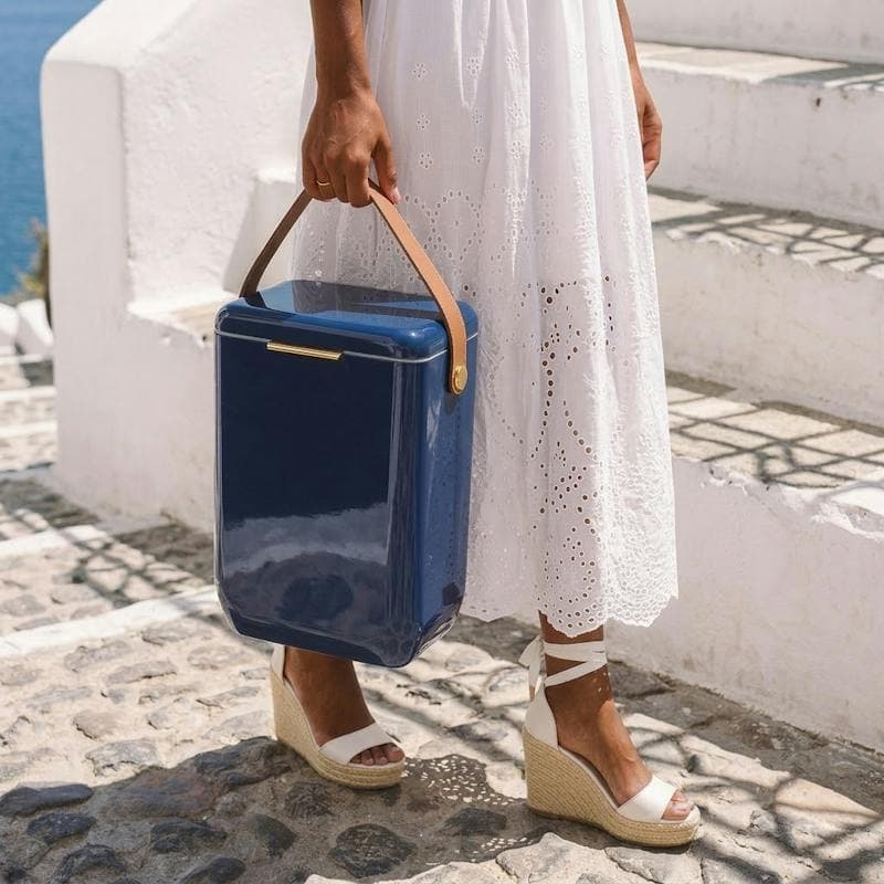 Cooler Box with Leather Carry Strap, Cream