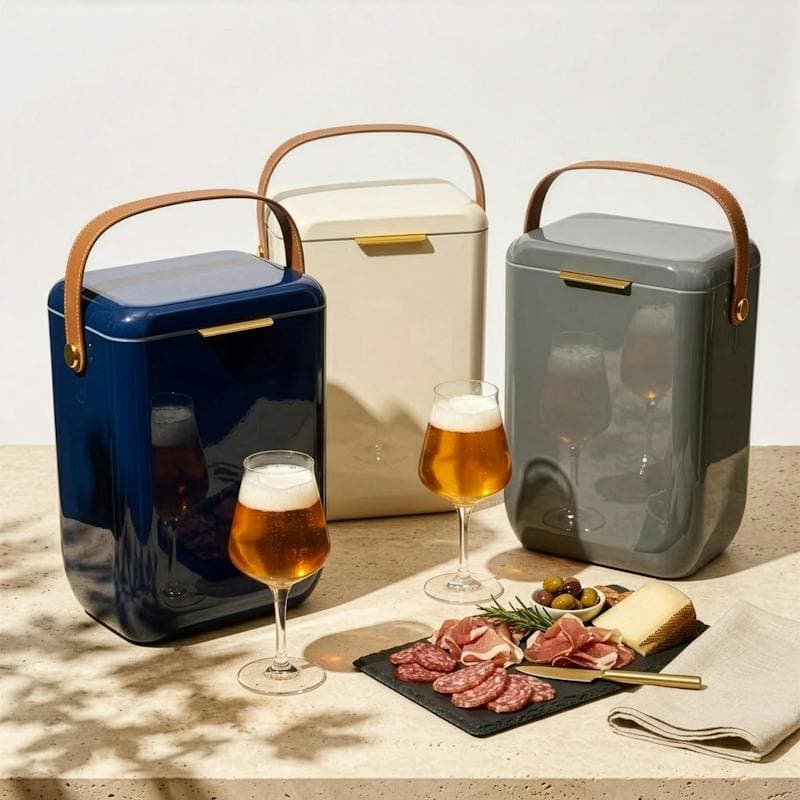 Cooler Box with Leather Carry Strap, Cream