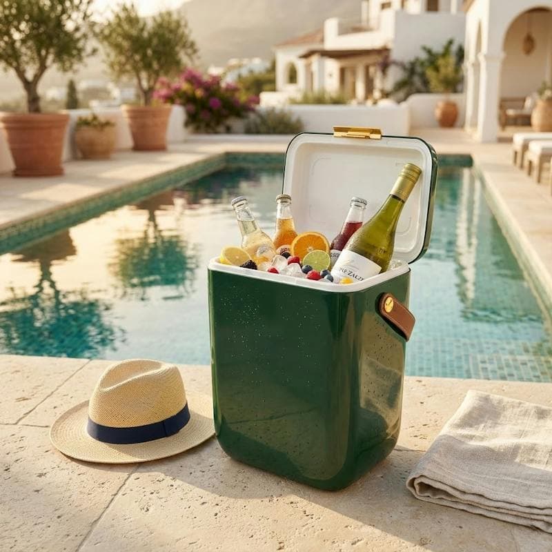 Cooler Box with Leather Carry Strap, Cream