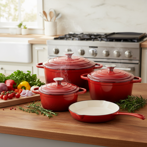 Chefs Choice red cast iron cookware set on a kitchen countertop with steam rising