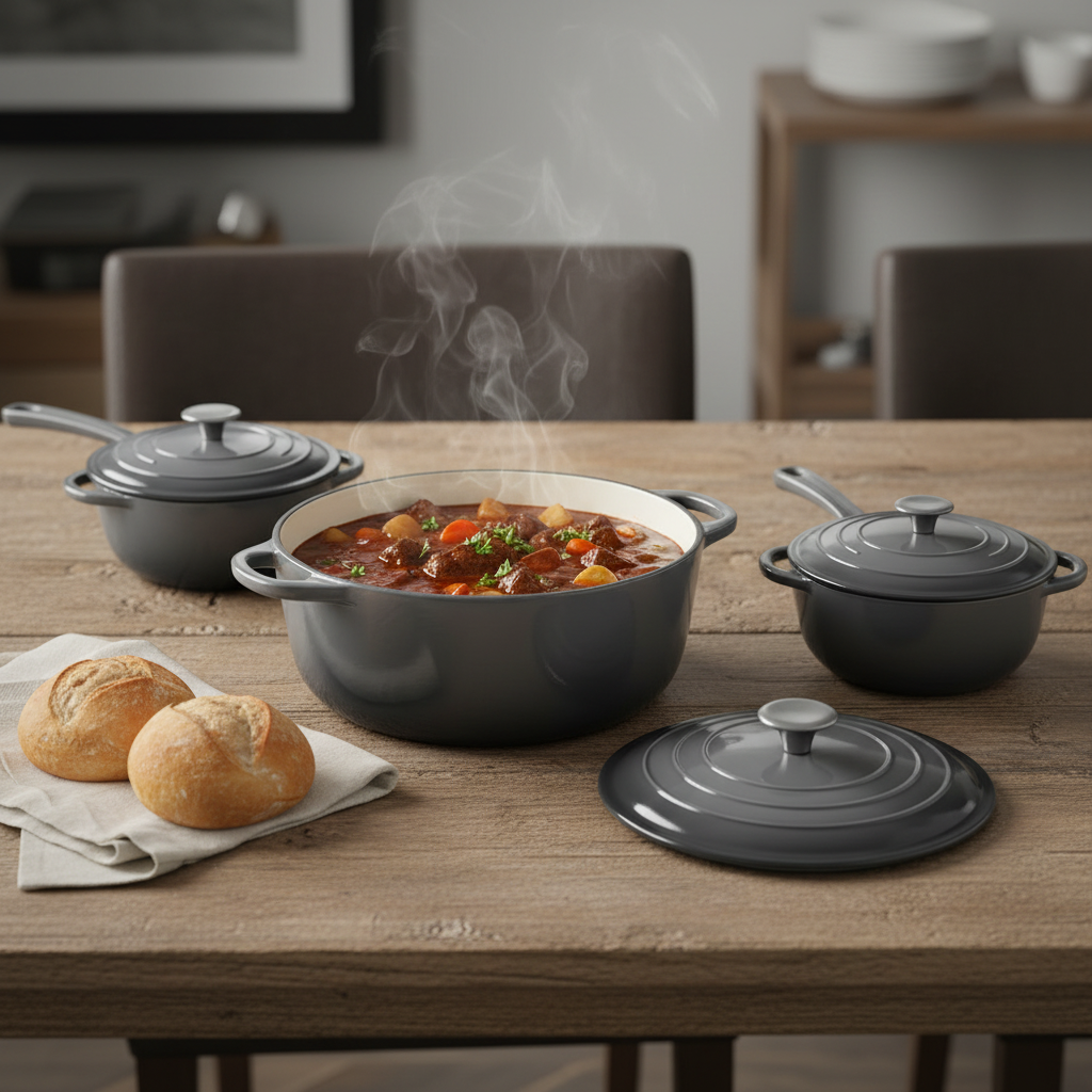 Chefs Choice grey cast iron cookware set on a dining table with beef stew