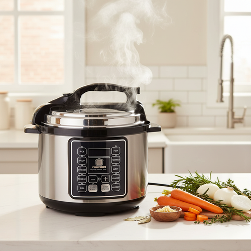 Chefs Choice 6L electric pressure cooker on a kitchen countertop with fresh ingredients and steam