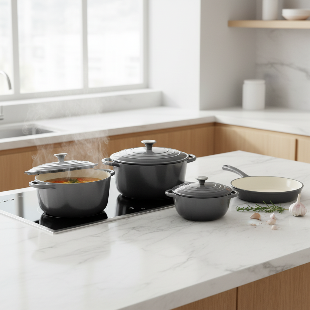 Chefs Choice grey cast iron cookware set on a marble kitchen countertop with soup simmering